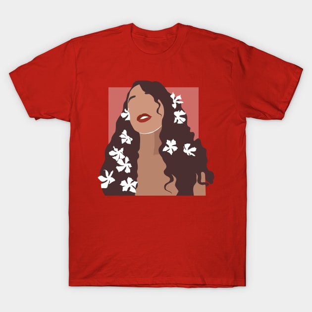 Woman White Flowers Hair T-Shirt by JunkyDotCom